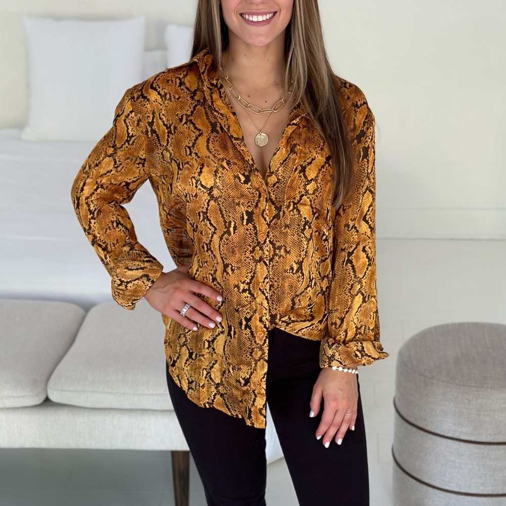 Buddy Love Mustard Gold Snakeskin Long Sleeve Button Down Shirt